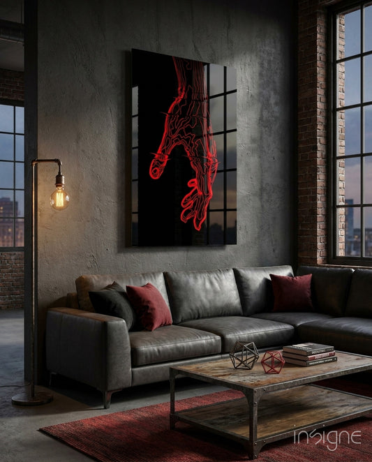 Abstract Red Hand Outline Glass Wall Art - Lifestyle preview in a designer interior