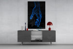 Blue Hand Outline glass wall art catching light to reveal its drawn precision