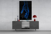 Blue Hand Outline glass wall art catching light to reveal its drawn precision