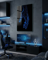 Fluid Blue Hand Silhouette Glass Wall Art - Lifestyle preview in a designer interior