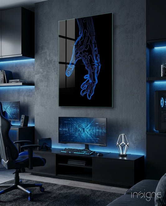 Fluid Blue Hand Silhouette Glass Wall Art - Lifestyle preview in a designer interior
