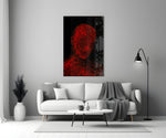 Line-art glass print bringing reflective mood to a creative loft