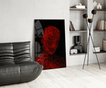 Tangled-threads panel against a moody black-painted accent wall