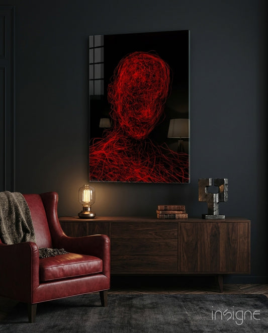 Red Tangle Portrait Glass Wall Art - Lifestyle preview in a designer interior