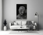 Line-art glass print bringing reflective mood to a creative loft
