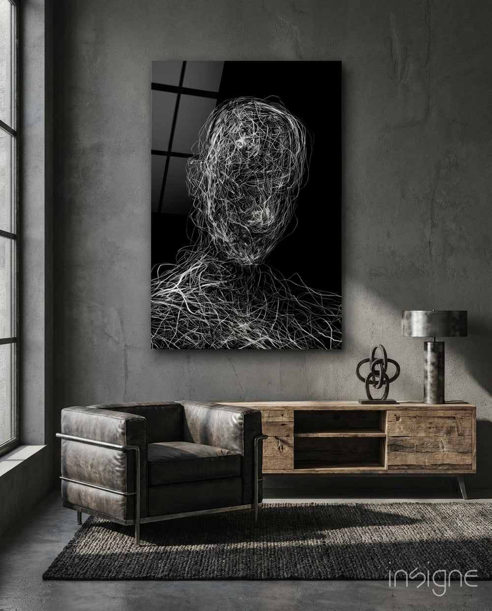 Tangled Threads Portrait Glass Wall Art - Lifestyle preview in a designer interior