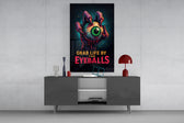 Grab Life By The Eyeballs glass wall art catching light to reveal its halftone dots