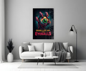 Pop-poster glass print bringing wit to a creative office