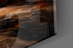 Close-up detail of the scarlet stilettos and oil brushwork behind glass