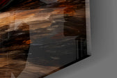 Close-up detail of the scarlet stilettos and oil brushwork behind glass