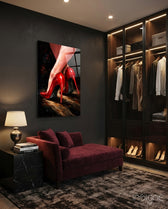 Elegant Red Stiletto Heels Glass Wall Art - Lifestyle preview in a designer interior