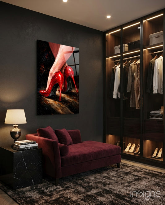 Elegant Red Stiletto Heels Glass Wall Art - Lifestyle preview in a designer interior