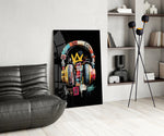 Basquiat-style panel against a moody dark-painted accent wall