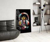 Basquiat-style panel against a moody dark-painted accent wall