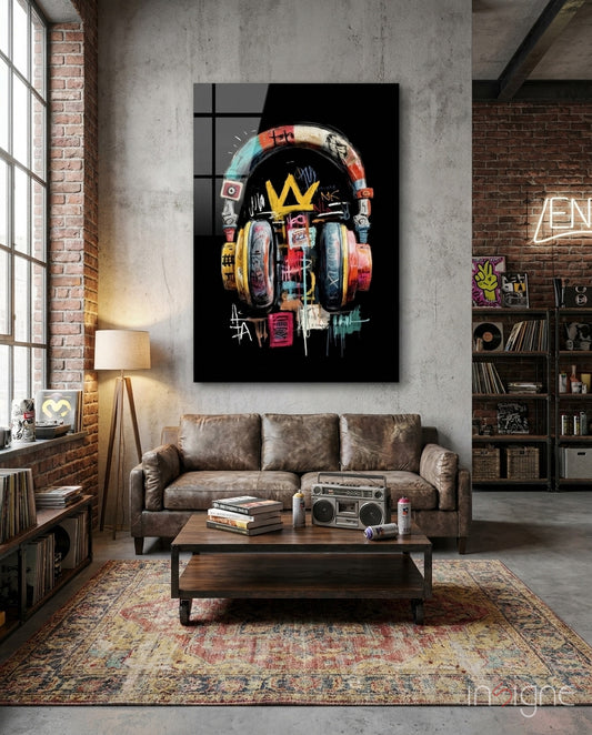 Urban Graffiti Headphones Glass Wall Art - Lifestyle preview in a designer interior