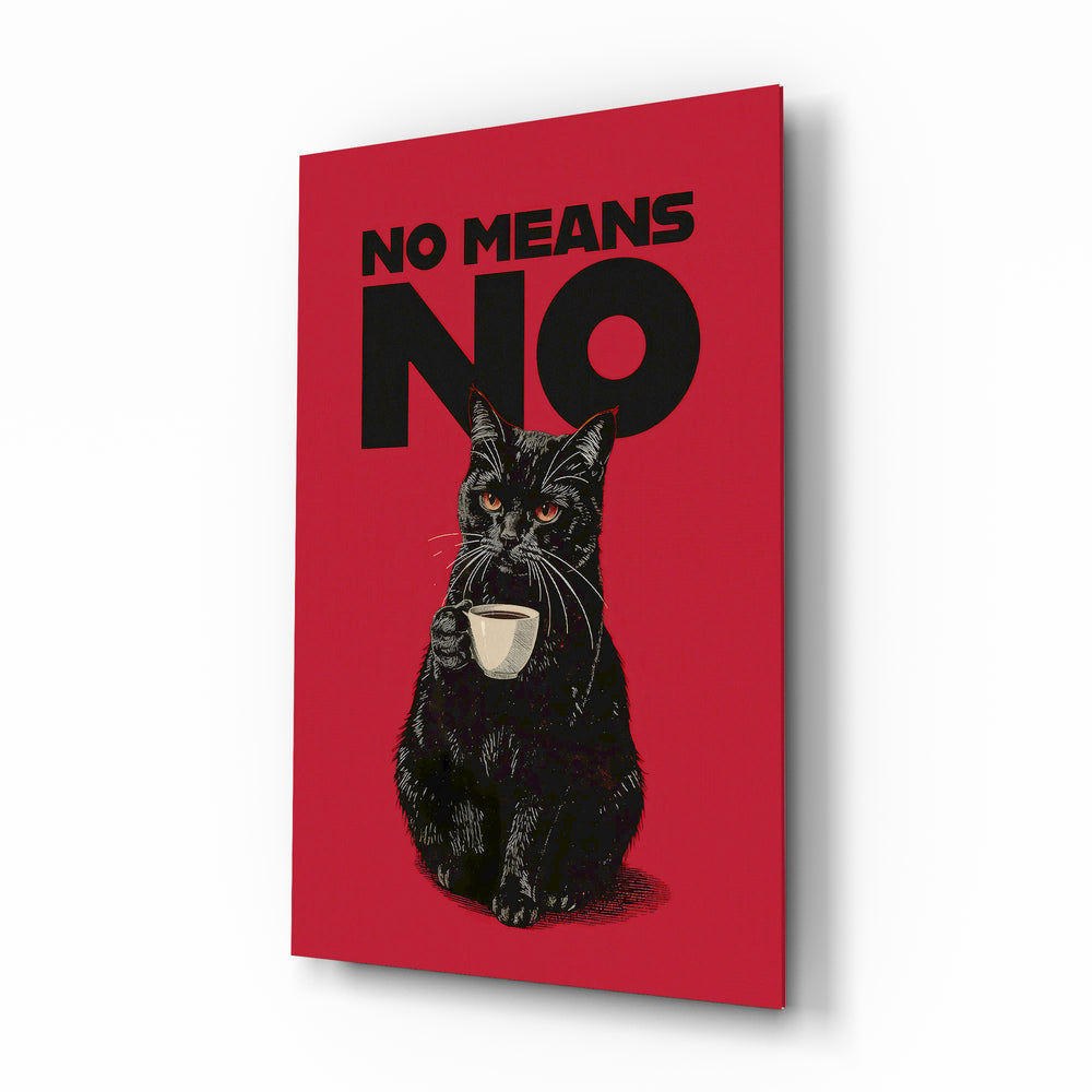 Black Cat No Means No glass wall art in a modern kitchen