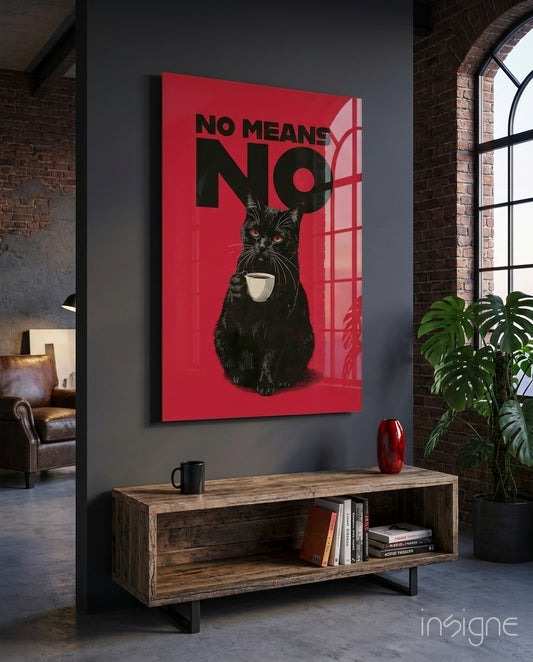 Black Cat No Means No Glass Wall Art - Lifestyle preview in a designer interior