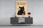 Vintage Cat Detective glass wall art catching light to reveal its engraved cross-hatch