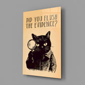 Sepia humor-poster panel anchoring a guest bathroom wall