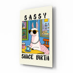 Sassy Since Birth llama glass wall art in a modern kid's bedroom