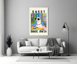 Cartoon glass print bringing attitude to a women's home office