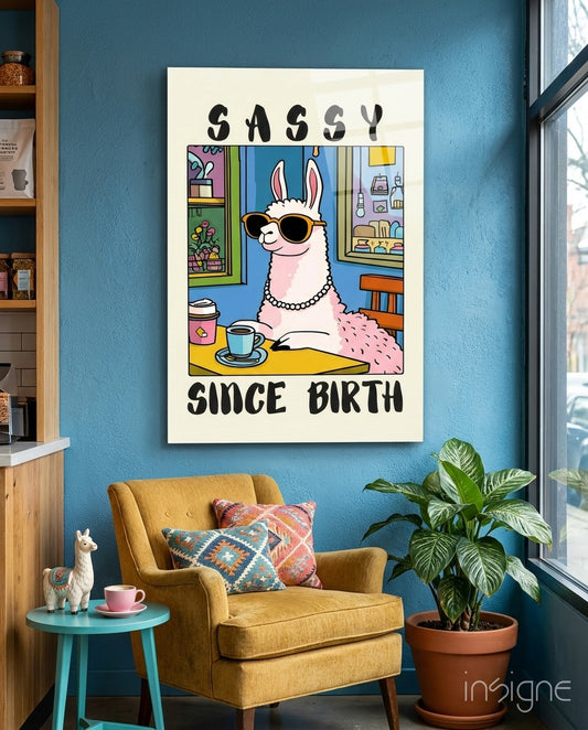 Sassy Llama in Sunglasses Glass Wall Art - Lifestyle preview in a designer interior