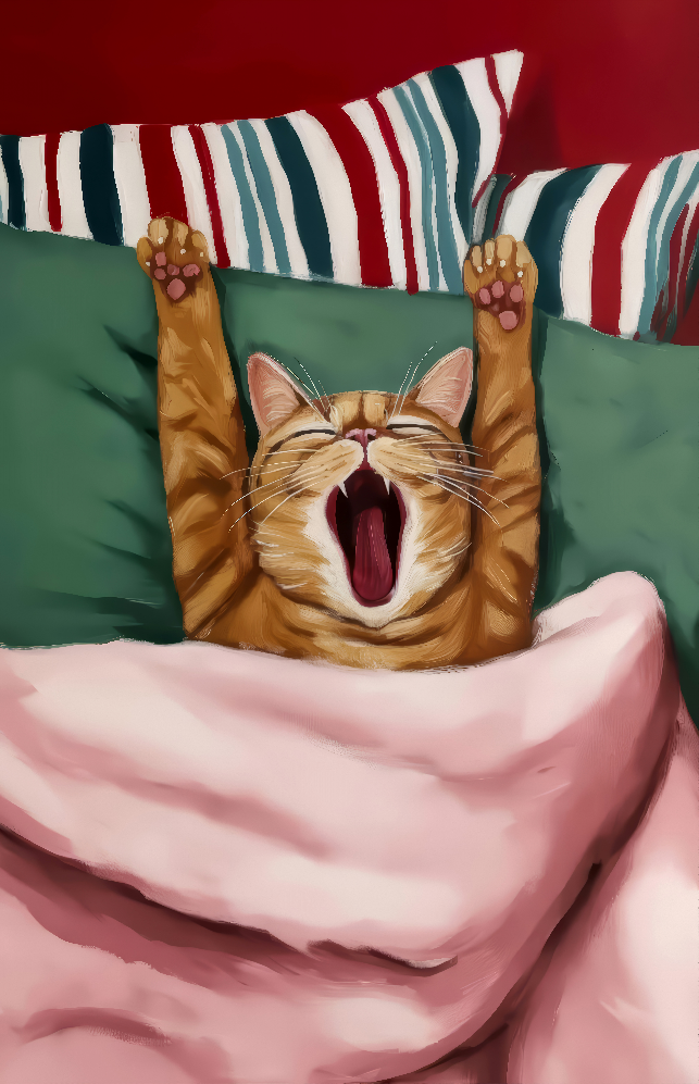 Yawning Cat in Bed Glass Wall Art
