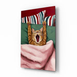 Yawning Cat in Bed painterly glass wall art in a modern master bedroom