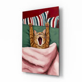 Yawning Cat in Bed painterly glass wall art in a modern master bedroom
