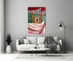 Yawning Cat in Bed glass wall art catching light to reveal its oil brushwork