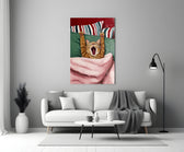 Yawning Cat in Bed glass wall art catching light to reveal its oil brushwork