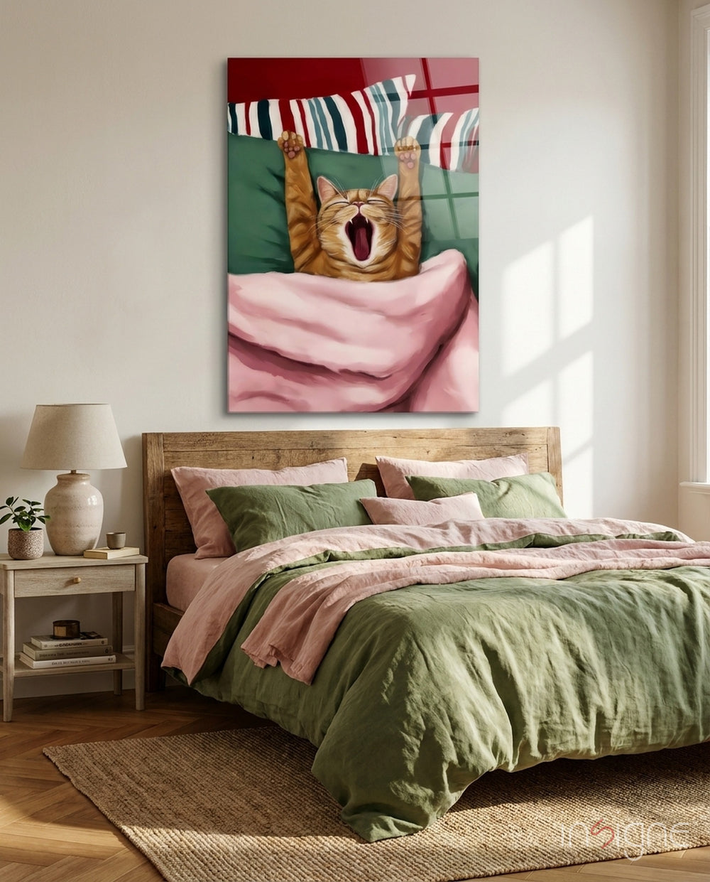Yawning Cat in Bed Glass Wall Art - Lifestyle preview in a designer interior