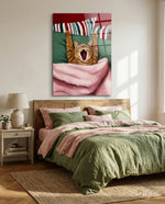 Yawning Cat in Bed Glass Wall Art - Lifestyle preview in a designer interior