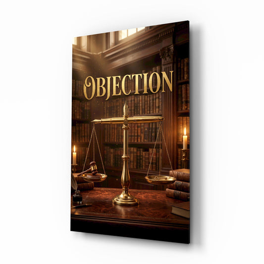 Objection Gold Scales of Justice Glass Wall Art - Lifestyle preview in a designer interior