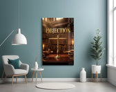 Objection glass wall art styled above an armchair in a teal reading corner