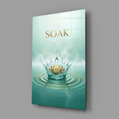 soak golden lotus water crown glass wall art angled to show the polished tempered glass panel
