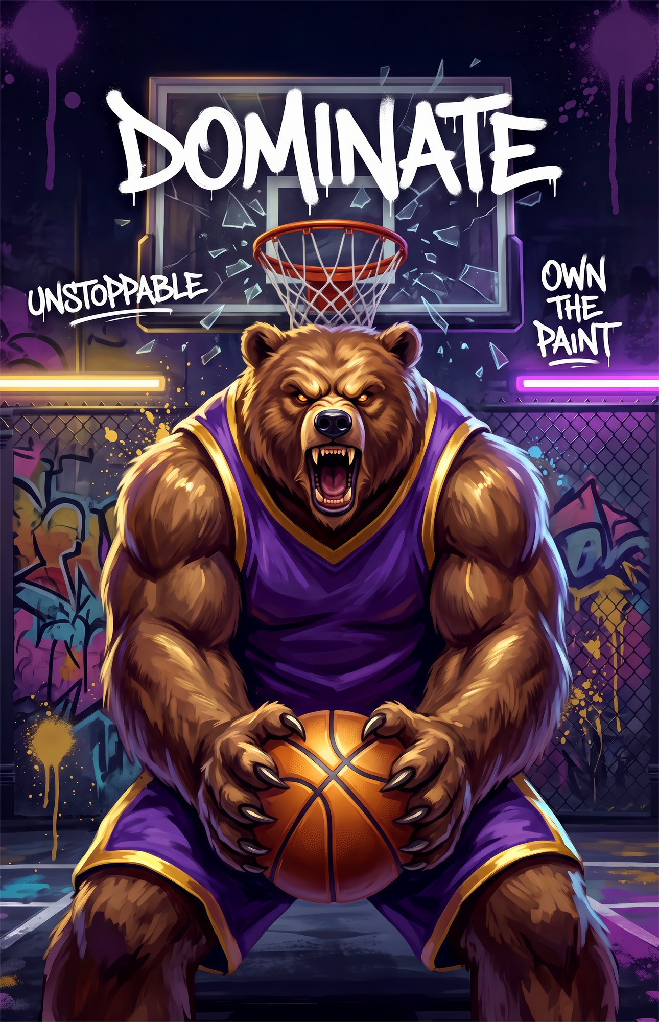 Dominate Grizzly Bear Basketball Glass Wall Art