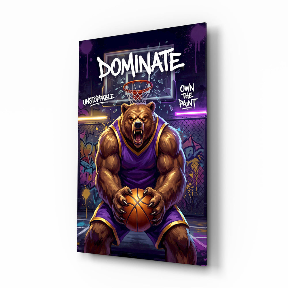 Dominate Grizzly Bear Basketball Glass Wall Art - Lifestyle preview in a designer interior