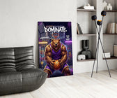 dominate grizzly bear baller glass wall art leaning beside a dark leather sofa