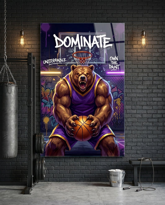 Dominate Grizzly Bear Basketball Glass Wall Art