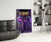 strike cobra baller slam dunk glass wall art leaning beside a dark leather sofa