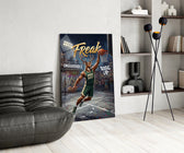 freak antlered stag baller glass wall art leaning beside a dark leather sofa