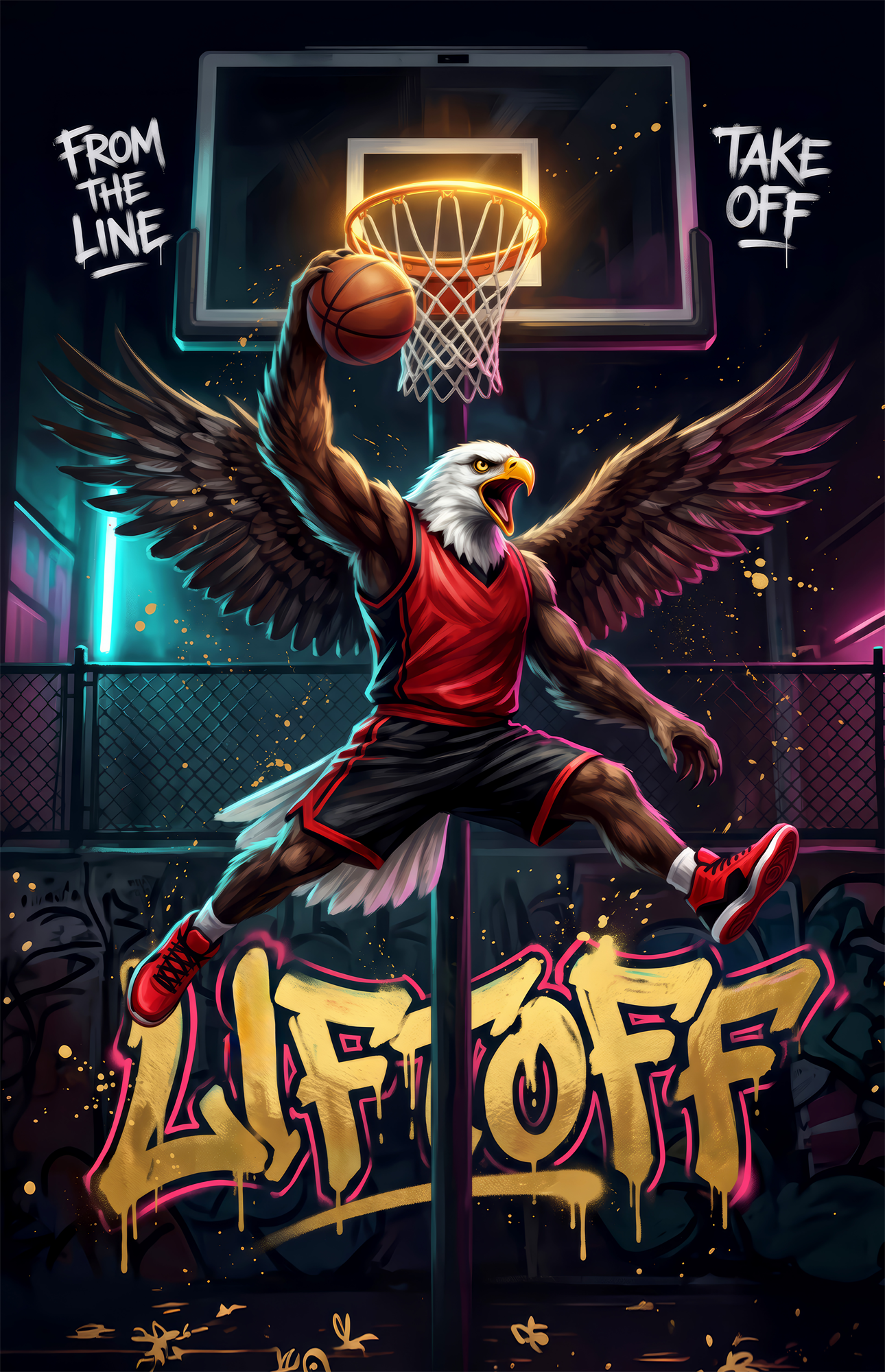 Liftoff Red Eagle Basketball Dunk Glass Wall Art