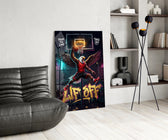 eagle basketball player dunking glass wall art leaning beside a dark leather sofa