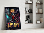 eagle basketball player dunking panel resting in a shelving niche in a modern interior