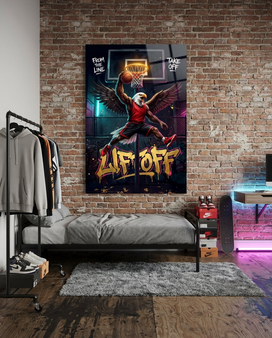 Liftoff Red Eagle Basketball Dunk Glass Wall Art