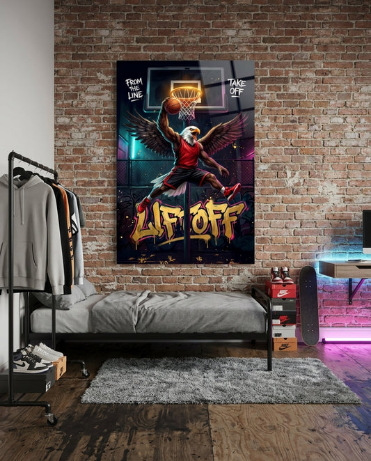 Liftoff Red Eagle Basketball Dunk Glass Wall Art