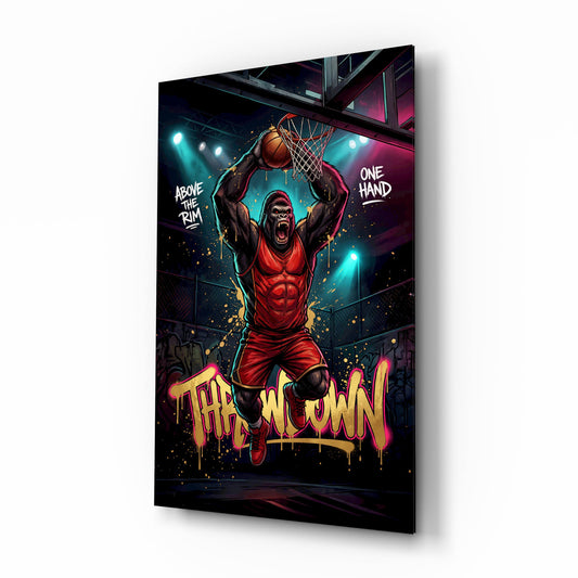 Throwdown Gorilla One-Hand Dunk Glass Wall Art - Lifestyle preview in a designer interior
