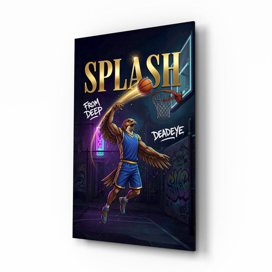 Splash Blue Eagle Jump Shot Glass Wall Art - Lifestyle preview in a designer interior