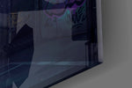 Close-up detail of the golden arc trailing the ball toward the rim on the glass surface